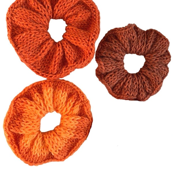 Knitted Scrunchie Orange Brown Double Sided Set of 3 Handmade Scrunchies