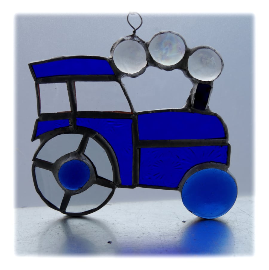 SOLD Tractor Suncatcher Stained Glass Blue Handmade 041
