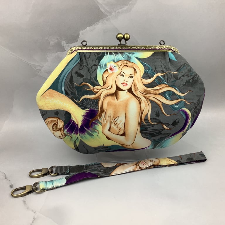 Mermaids medium clutch bag, Mermaid kiss clasp bag, detachable strap, Handmade