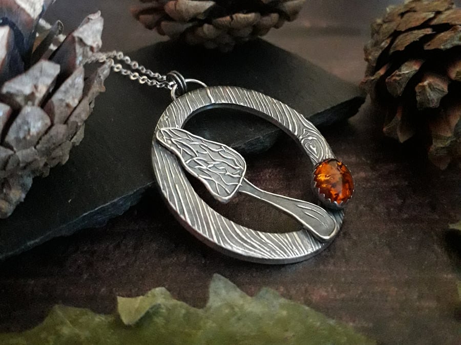 Morel Mushroom Pendant with Amber, Forest Fairy, Woodland, Autumn,