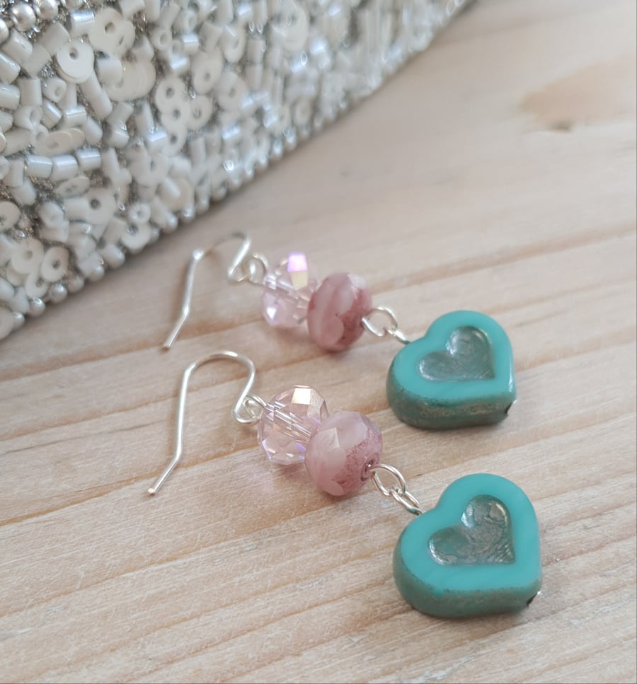 Turquoise Czech Glass Heart & Pink Swarovski Crystal Dangle Earrings