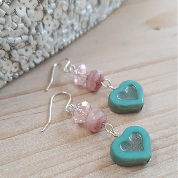 Turquoise Czech Glass Heart & Pink Swarovski Crystal Dangle Earrings