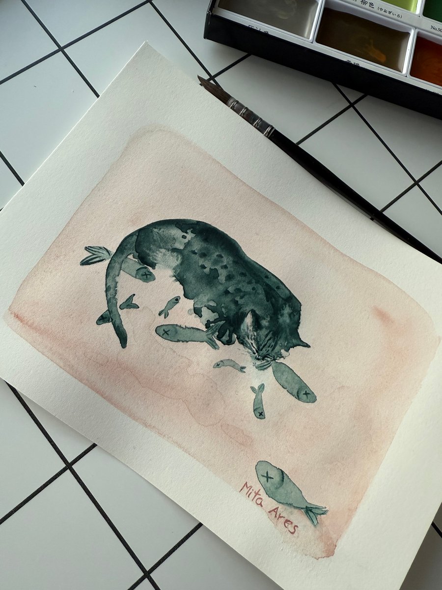 Wendy and Her Sardines – Whimsical Watercolour Cat Illustration