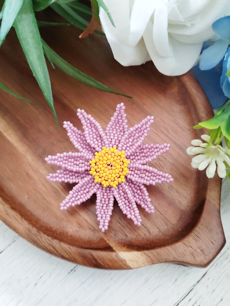 Beaded Purple Aster Daisy Brooch