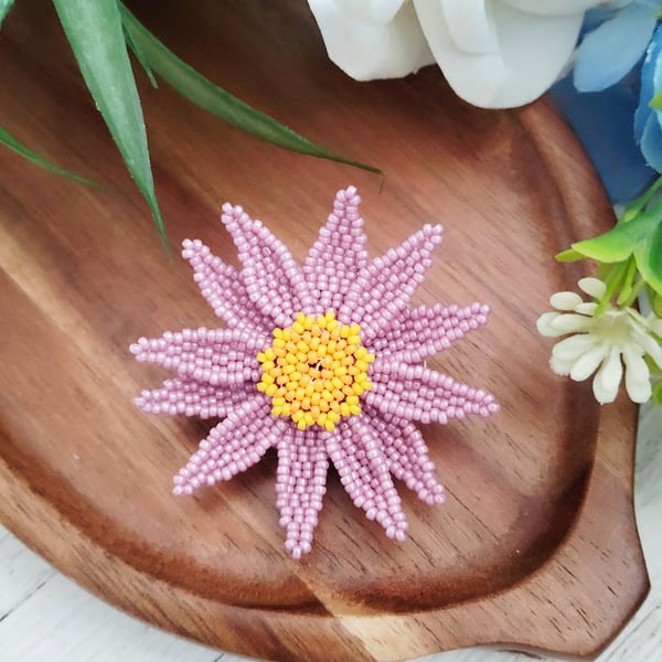 Beaded Purple Aster Daisy Brooch