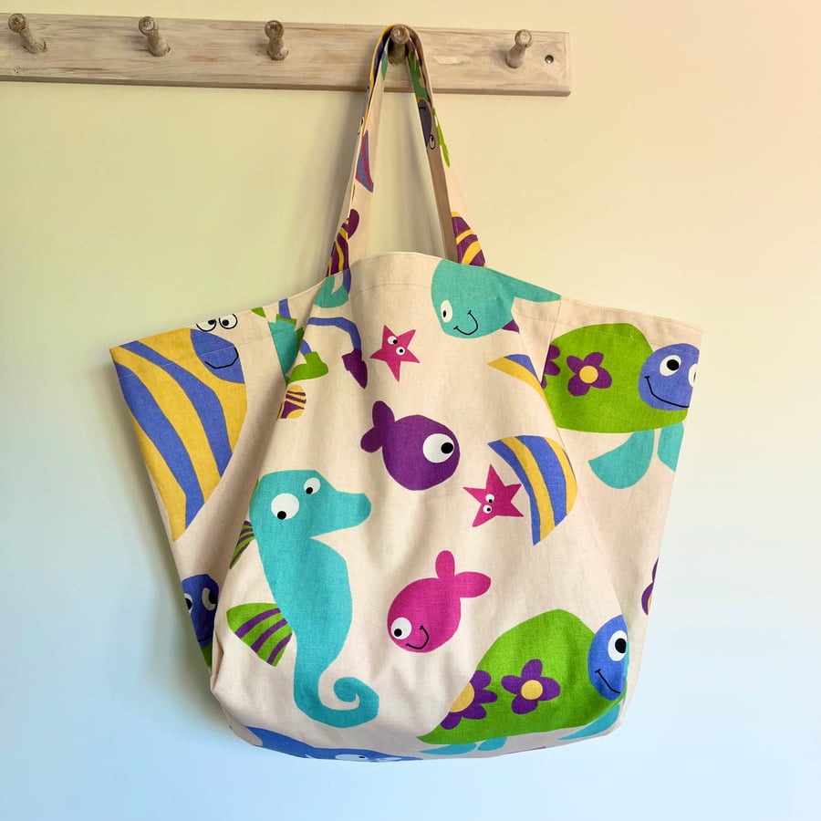 Beach bag - Under the Sea tote - fish and turtle print