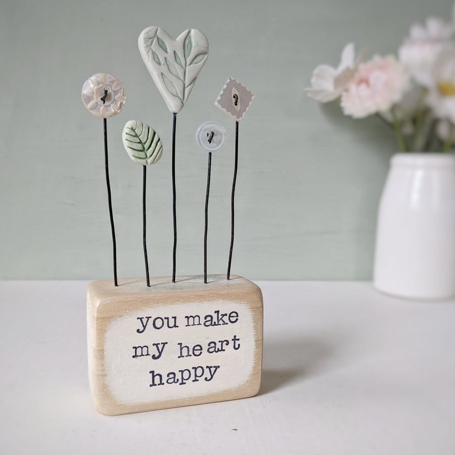 Clay Heart in a Wood Block 'You make my heart happy'