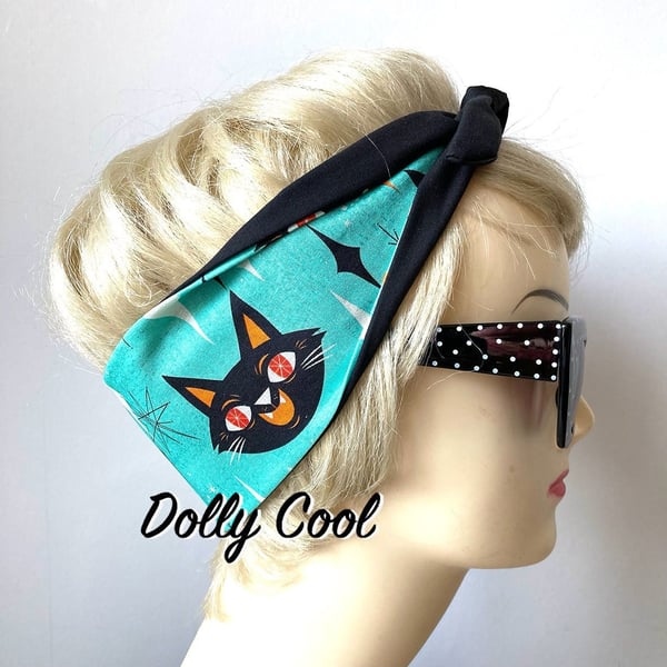 Cat Face Hair Tie in Aqua and White - Rockabilly Head Scarf - Hair Wrap - by Dol