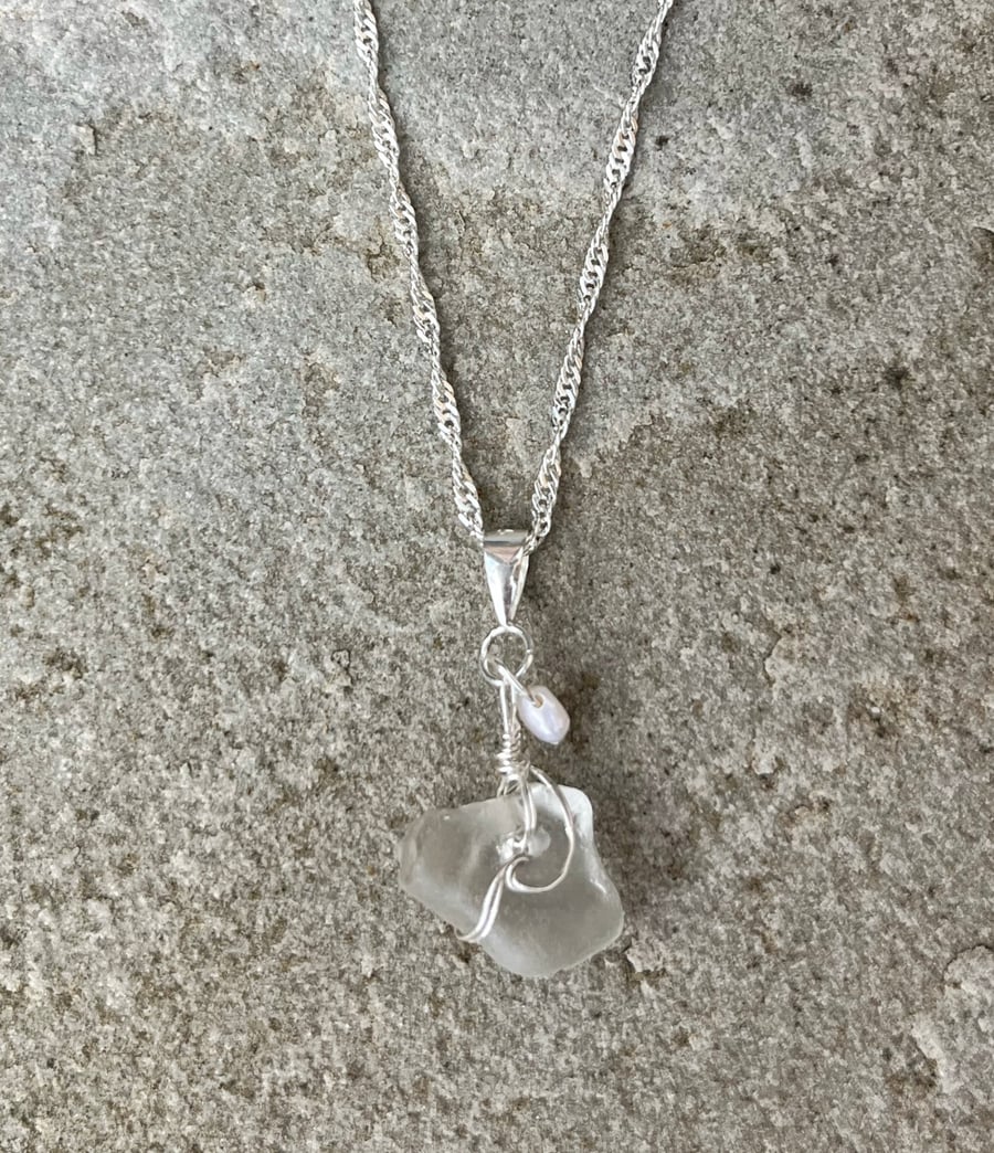 Silver Wave Watchet Sea Glass & Freshwater Pearl Necklace 