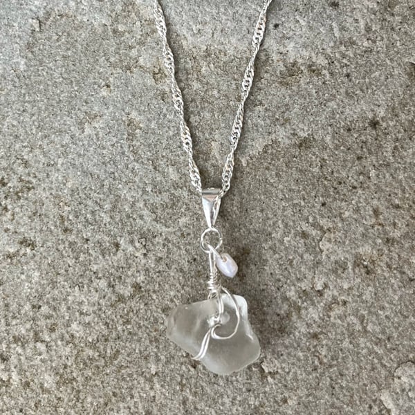 Silver Wave Watchet Sea Glass & Freshwater Pearl Necklace 