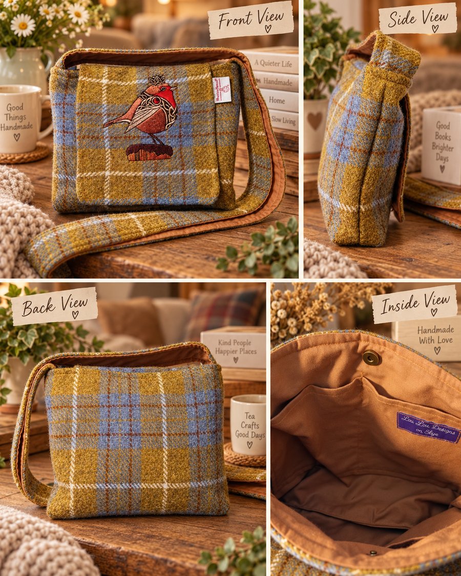 Harris Tweed Crossbody Bag with Robin