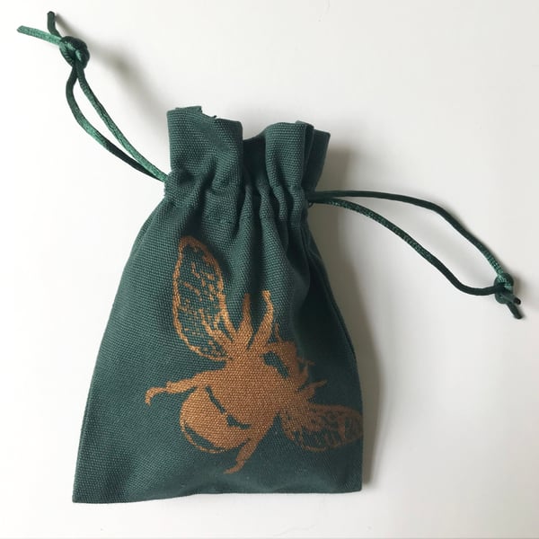 Bronze Bumblebee handprinted green cotton small drawstring gift bag