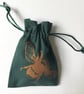 Bronze Bumblebee handprinted green cotton small drawstring gift bag - Image 1