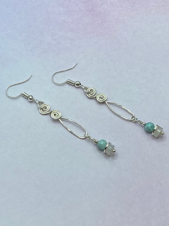 Silver plated wire drop earrings with larimar and rainbow moonstone charms