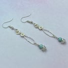 Silver plated wire drop earrings with larimar and rainbow moonstone charms