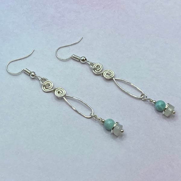 Silver plated wire drop earrings with larimar and rainbow moonstone charms