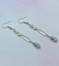 Silver plated wire drop earrings with larimar and rainbow moonstone charms