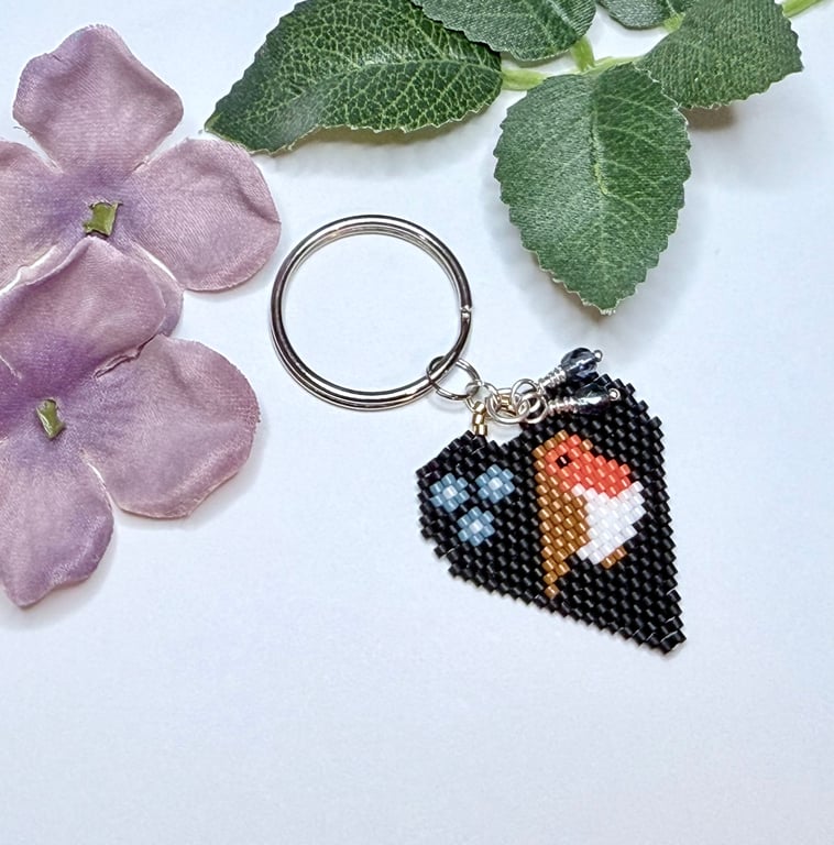 Robin and forget me not beadwork keyring