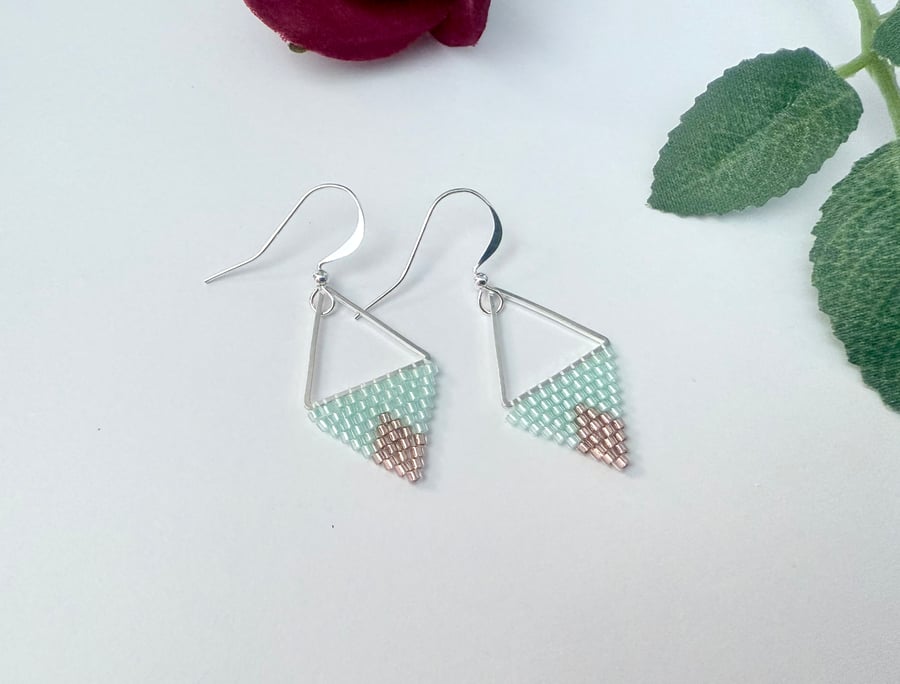 Pale mint green and copper beadwork triangle earrings 