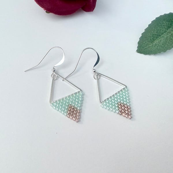 Pale mint green and copper beadwork triangle earrings 