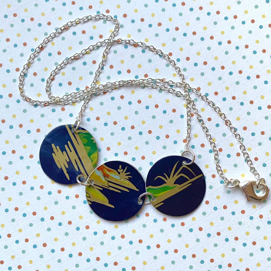 Vintage tin blue and gold triple circle disc scene necklace