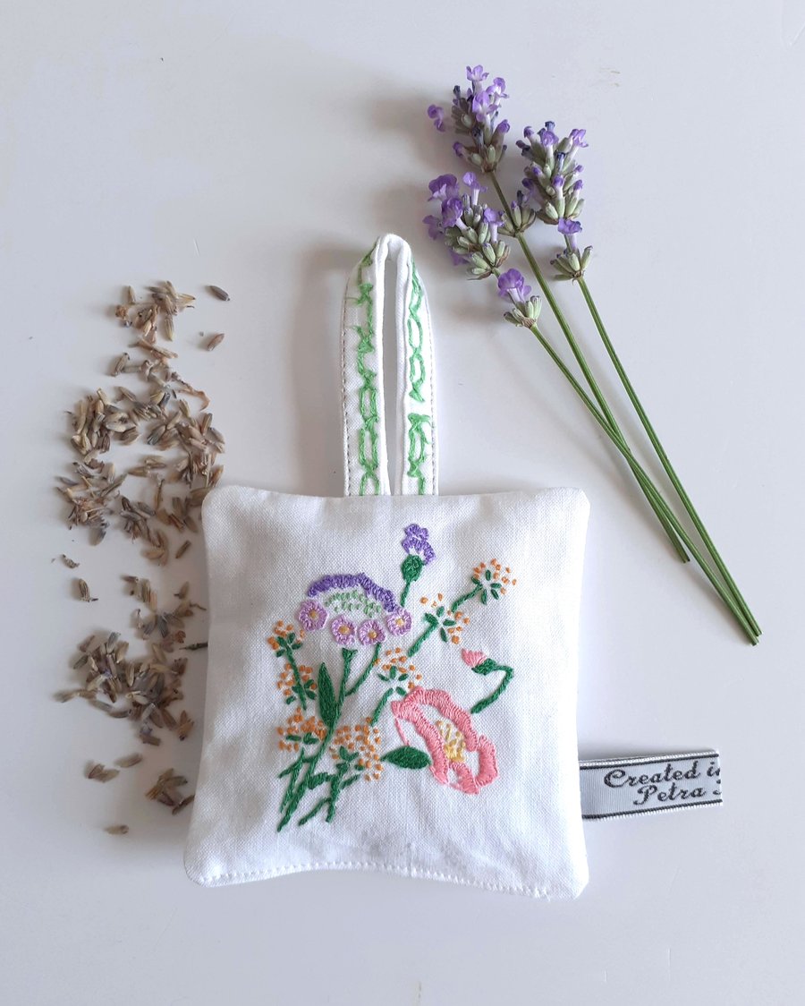 Lavender bag in an upcycled floral vintage embroidery 