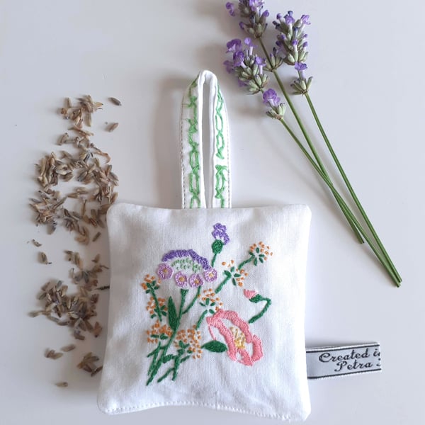 Lavender bag in an upcycled floral vintage embroidery 