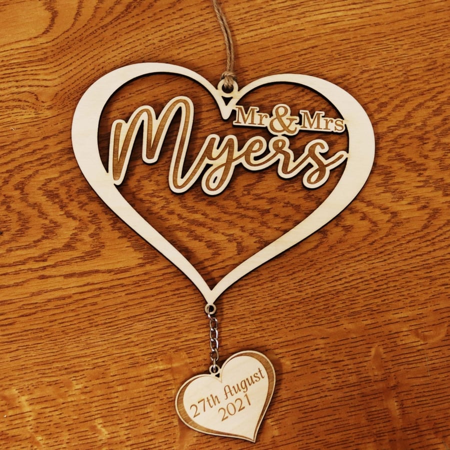 Personalised Mr & Mrs Wedding Gift - Wooden Heart with Name and Date
