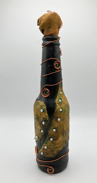 Obsidian & Gold Hand Sculpted Altered Bottle Industrial Mixed Media Sculpture