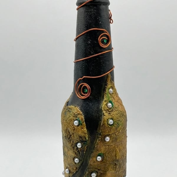 Obsidian & Gold Hand Sculpted Altered Bottle Industrial Mixed Media Sculpture