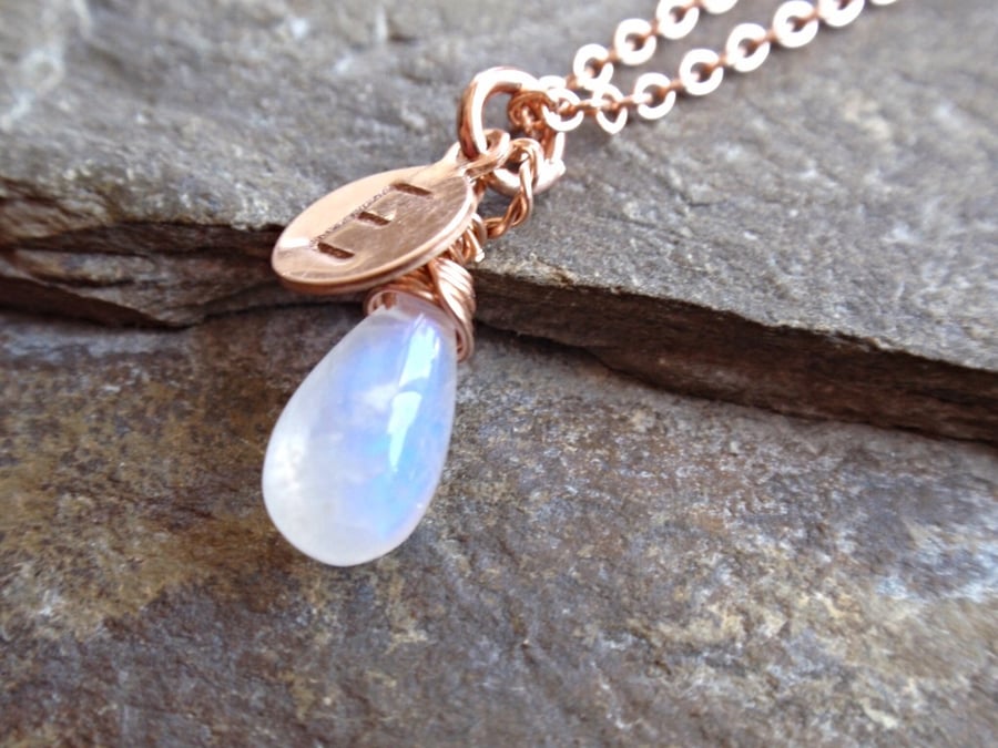 Rainbow Moonstone necklace with rose gold chain, personalised gold necklace
