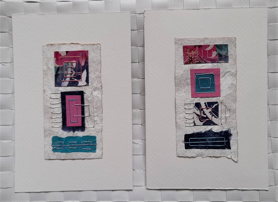 Pretty Patterned Pink Blue Teal Handstitched Geometric Small Art Pictures