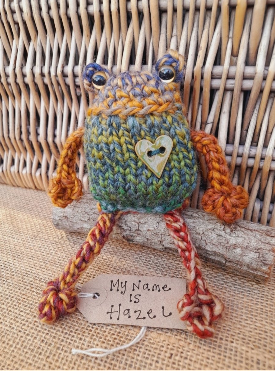 Handmade Knitted Frog named Hazel – One of a Kind Frog Ornament Whimsical Gift