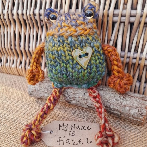 Handmade Knitted Frog named Hazel – One of a Kind Frog Ornament Whimsical Gift