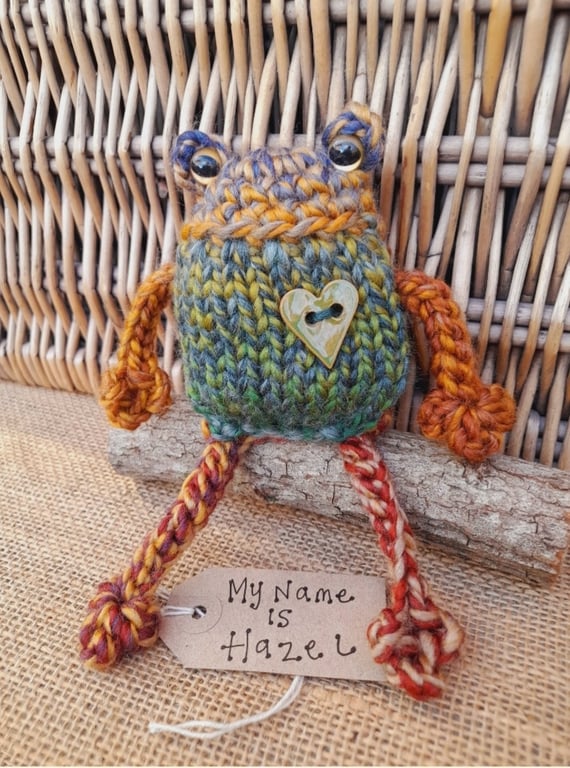 Handmade Knitted Frog named Hazel – One of a Kind Frog Ornament Whimsical Gift