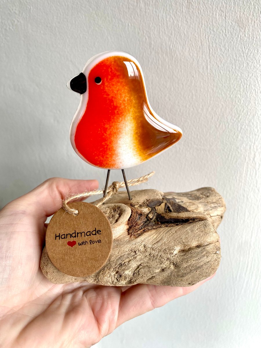 Unique fused glass bird robin ornament figure on wooden driftwood  memorial 