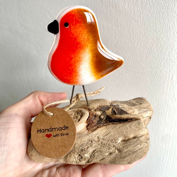Unique fused glass robin ornament figure on wooden driftwood stand memorial 