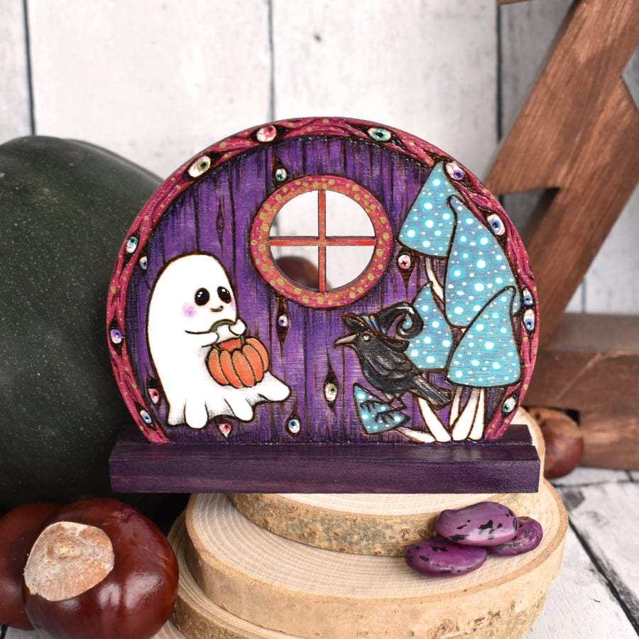 Pyrography Spooky Visitors Fairy Door. Cute Ghost and Raven Friends