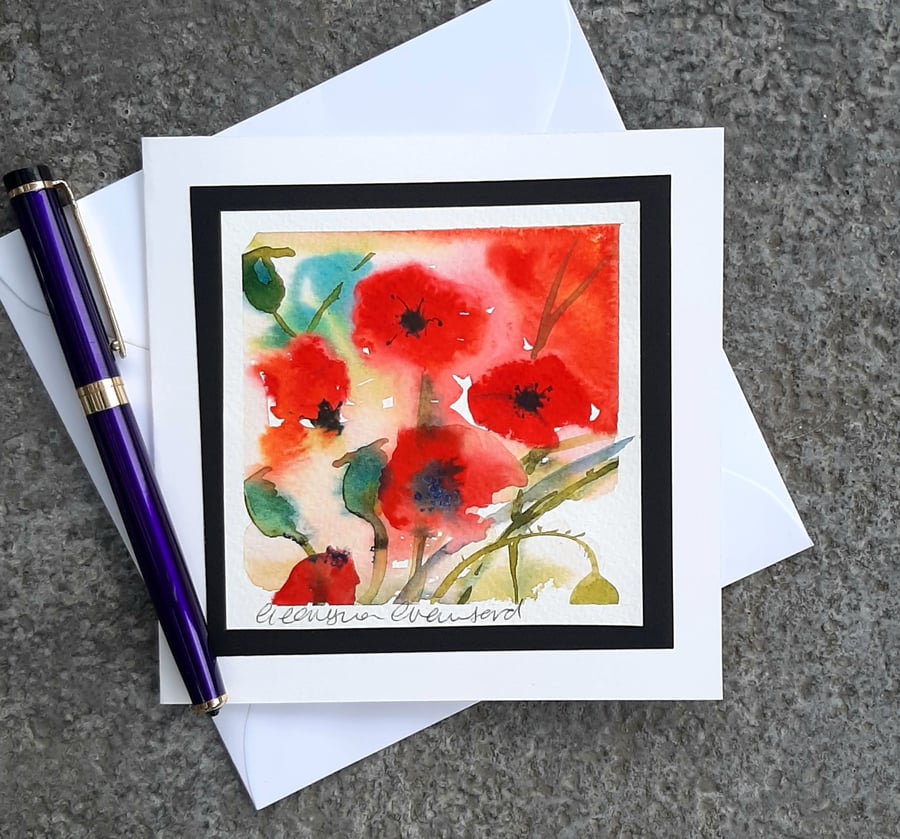 Abstract Poppies. Blank Card. Notelet Of Red  Flowers. Handpainted.