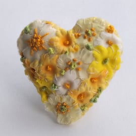 Embroidered floral heart brooch