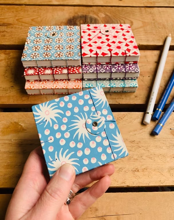 Mini Hand Bound Mixed Media Sketchbook with Button Closure. Blue & Pink.