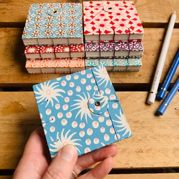 Mini Hand Bound Mixed Media Sketchbook with Button Closure. Blue & Pink.