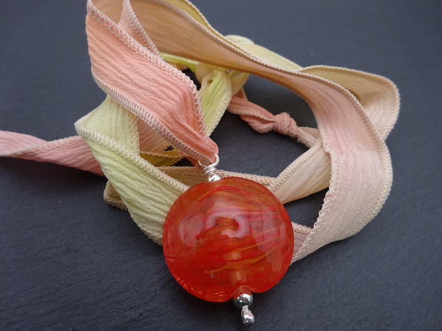 silk ribbon necklace, lampwork glass pendant, adjustable