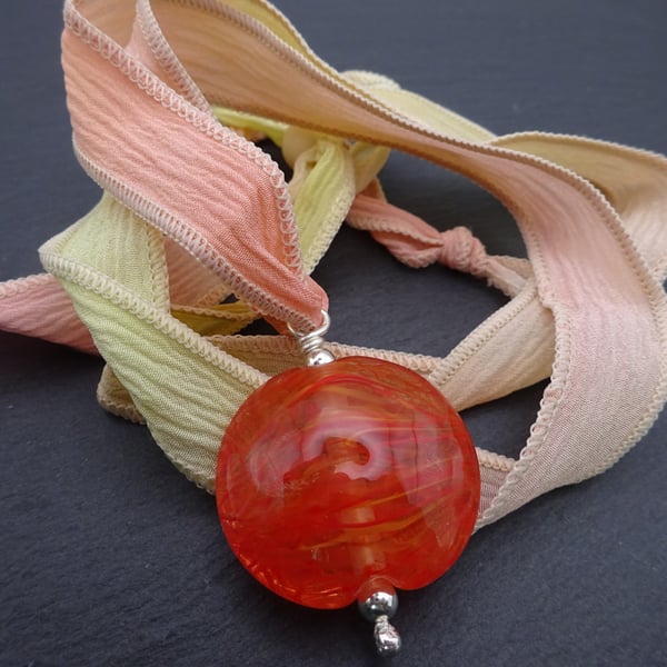 silk ribbon necklace, lampwork glass pendant, adjustable