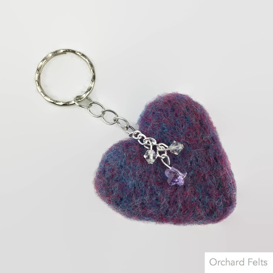 Lilac needle felted key chain or keyring, embellished with Swarovski elements