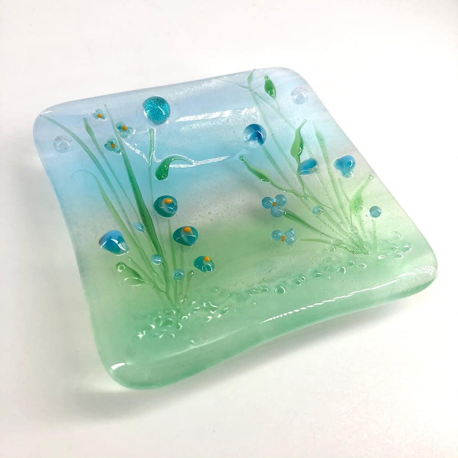 Flower Meadow Ring or Trinket Dish - Fused glass with lamp work detail  