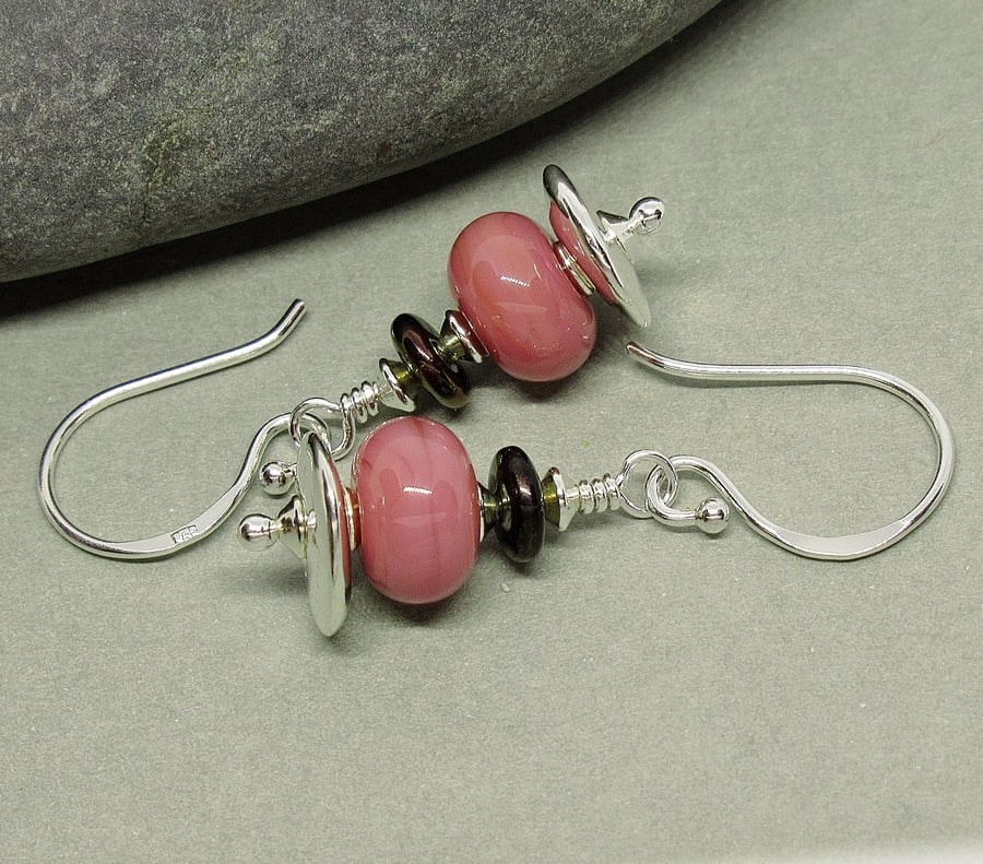 Dusky Pink Glass Bead Earrings - Lampwork - Sterling Silver