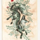 Fox and Leaves - Giclee Print, mounted (unframed)
