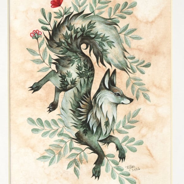 Fox and Leaves - Giclee Print, mounted (unframed)
