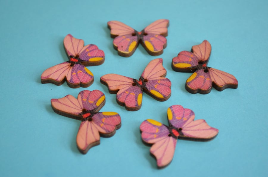 Wooden Butterfly Buttons Pink Purple Yellow  6pk 28x20mm (B15)
